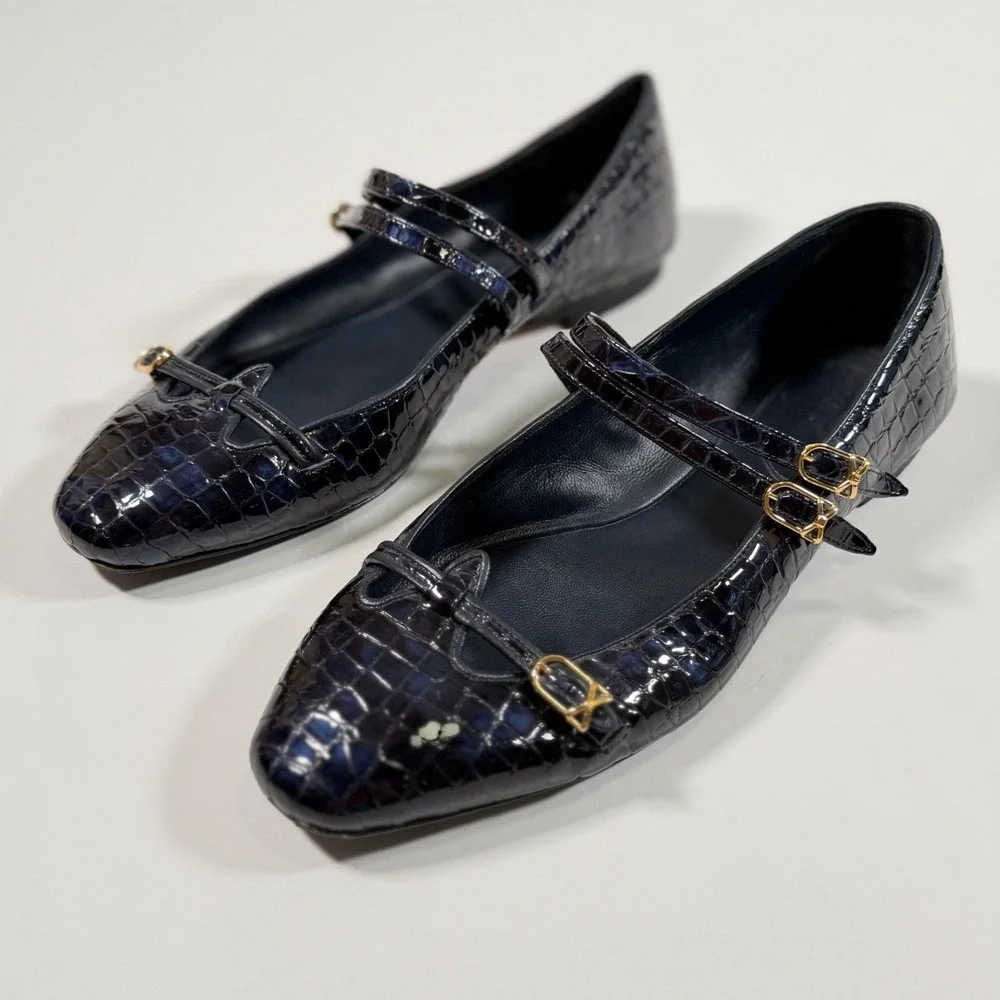 Sarah Flint Navy Croc Embossed Leather Mary Jane Flat 39.5 US 9 Old Money Luxury